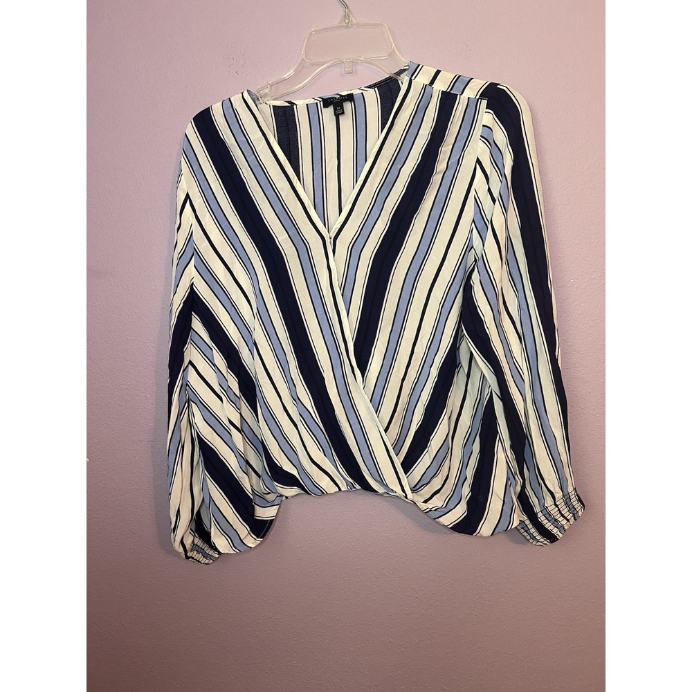 Women's Talbots Blue & White Striped Faux Wrap Blouse Size Large Petite